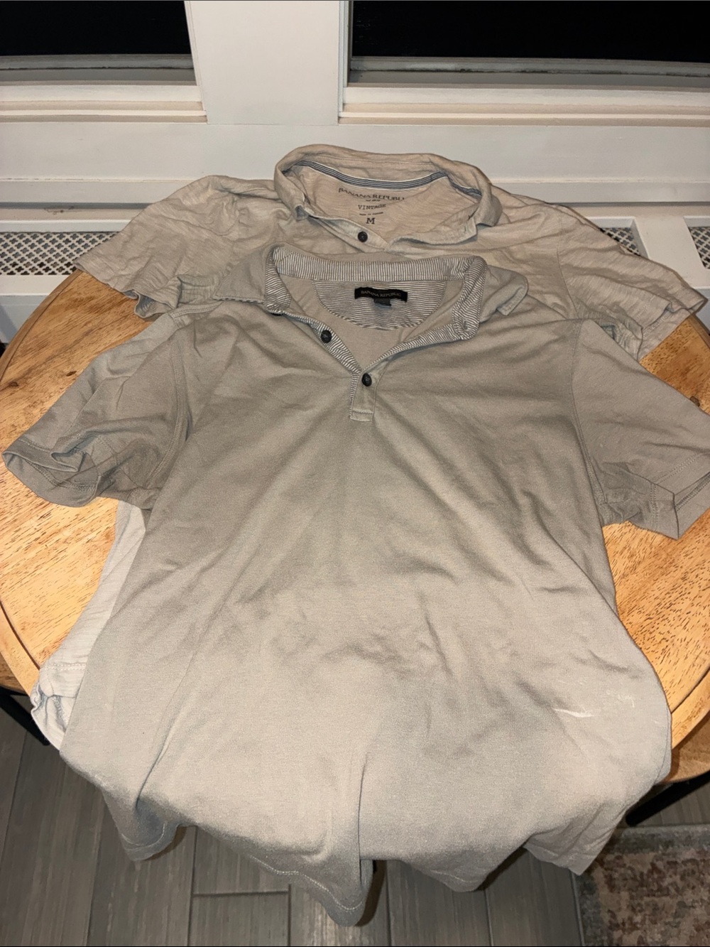 Banana Republic Men's Polos in Light Taupe with Navy Stripe Trim